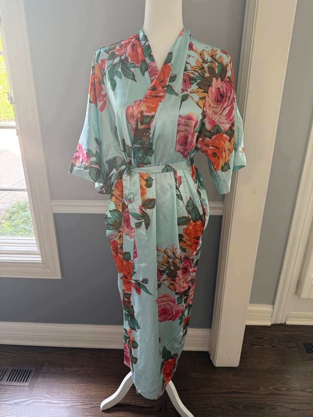 Floral Satin Kimono Robe in Light Aqua